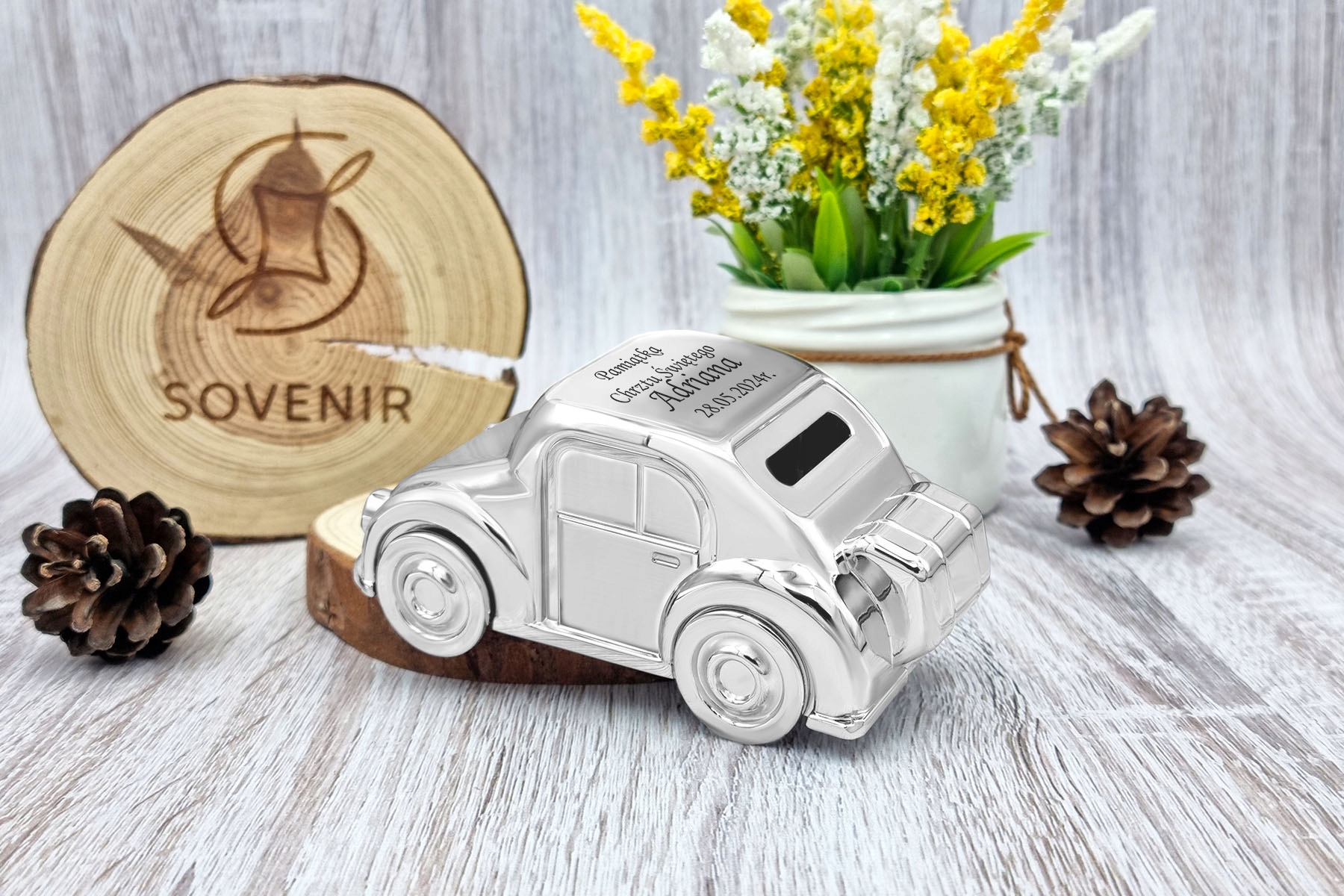 Skarbonka Samochód Auto z GRAWEREM Chrzest Roczek Marka Sovenir