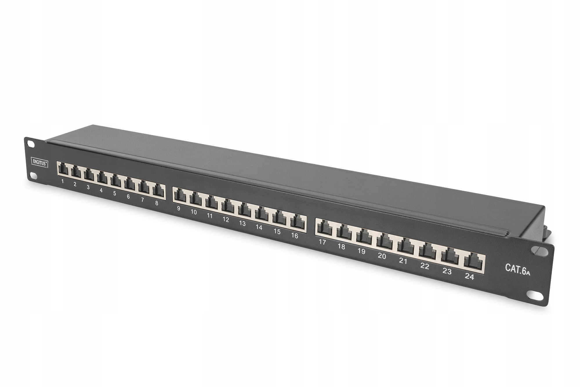 Panel krosowy 19'' 24x RJ45 kat.6A 1U czarny prowadnica kabli
