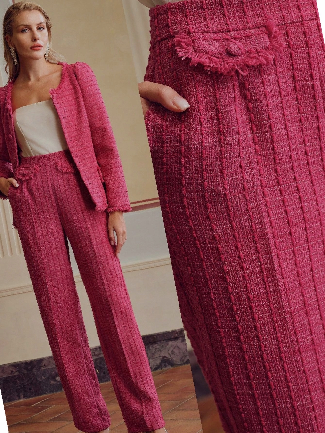 Prémiové Tvídové kalhoty Motf Návštěvní Jednoduché Růžové S 36