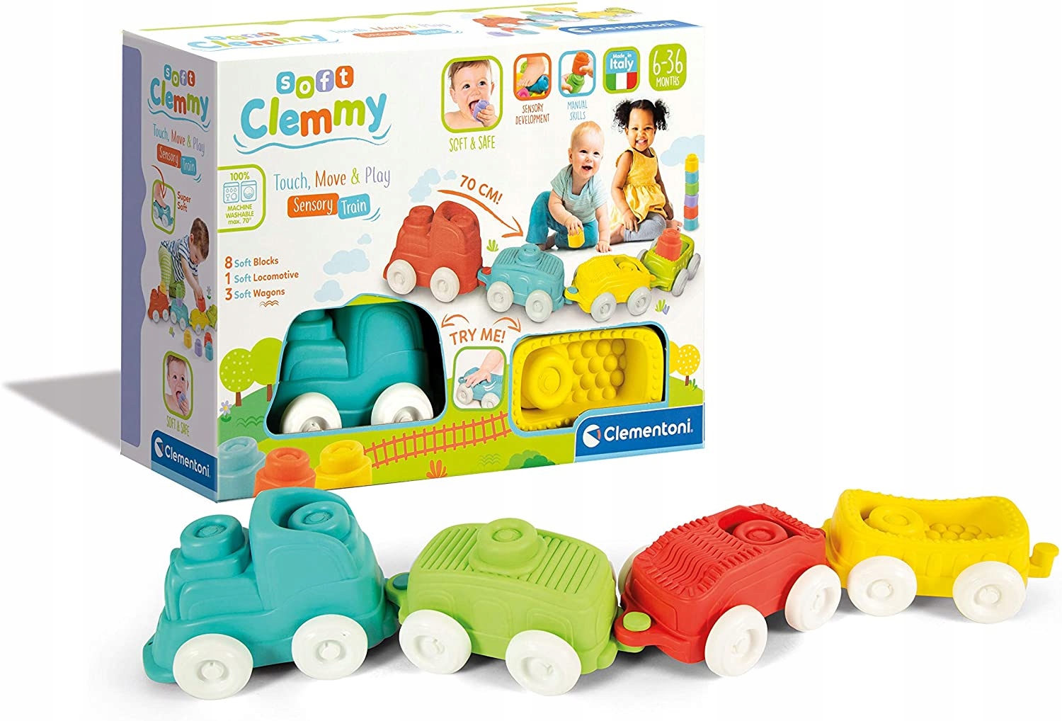 POCIĄG SENSORYCZNY CLEMMY MIĘKKIE KLOCKI CIUCHCIA LOKOMOTYWA WAGONIKI