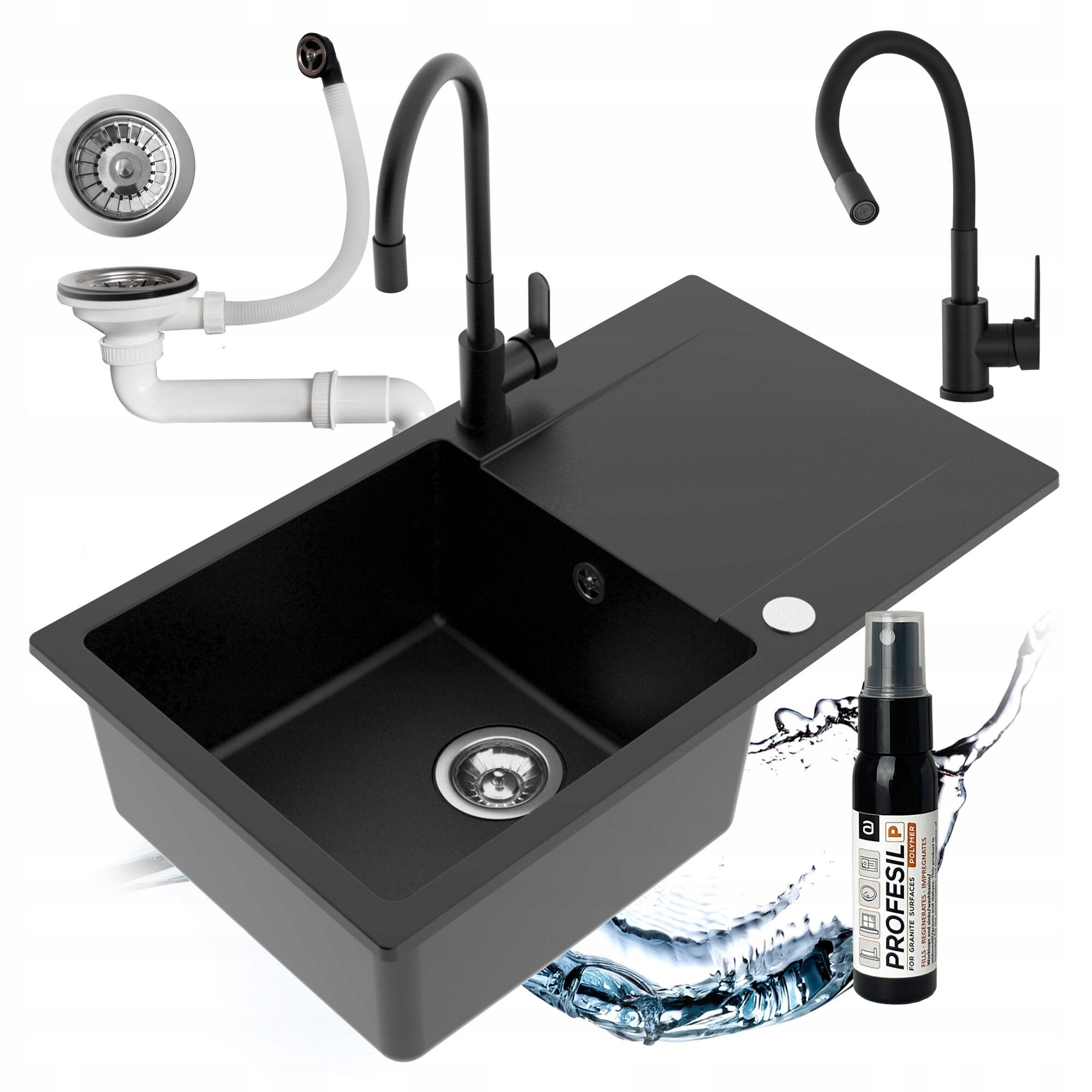 Drezový Kuchynský Drez Granitový Jednokomorový Batéria Flexibilný Sifón