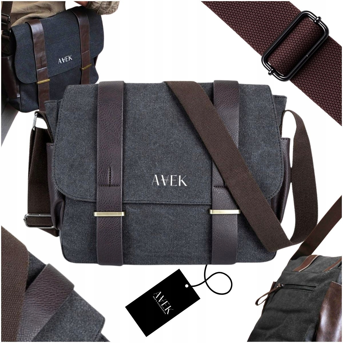 Torba Męska Szara Listonoszka Canvas Na Ramię Podróżna Sportowa Skóra Avek