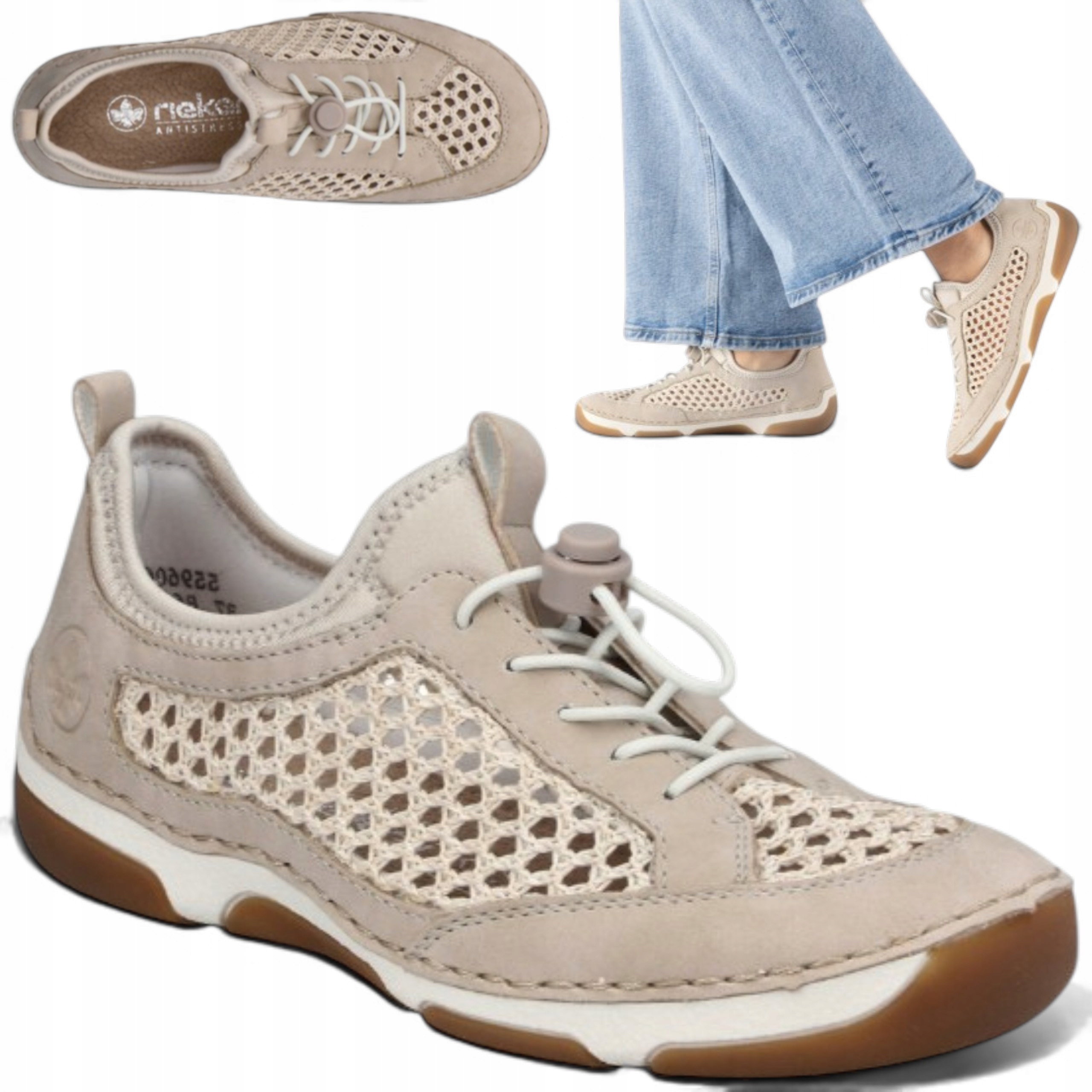 37 Rieker Dámské tenisky ažurové ploché letní lehké se zavazováním na gumičky
