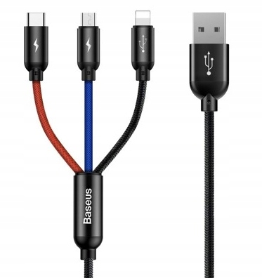 BASEUS MULTIKABEL DO ŁADOWAREK 3W1 USB-C / LIGHTNING / MICRO 3A 1,2M (CZARN