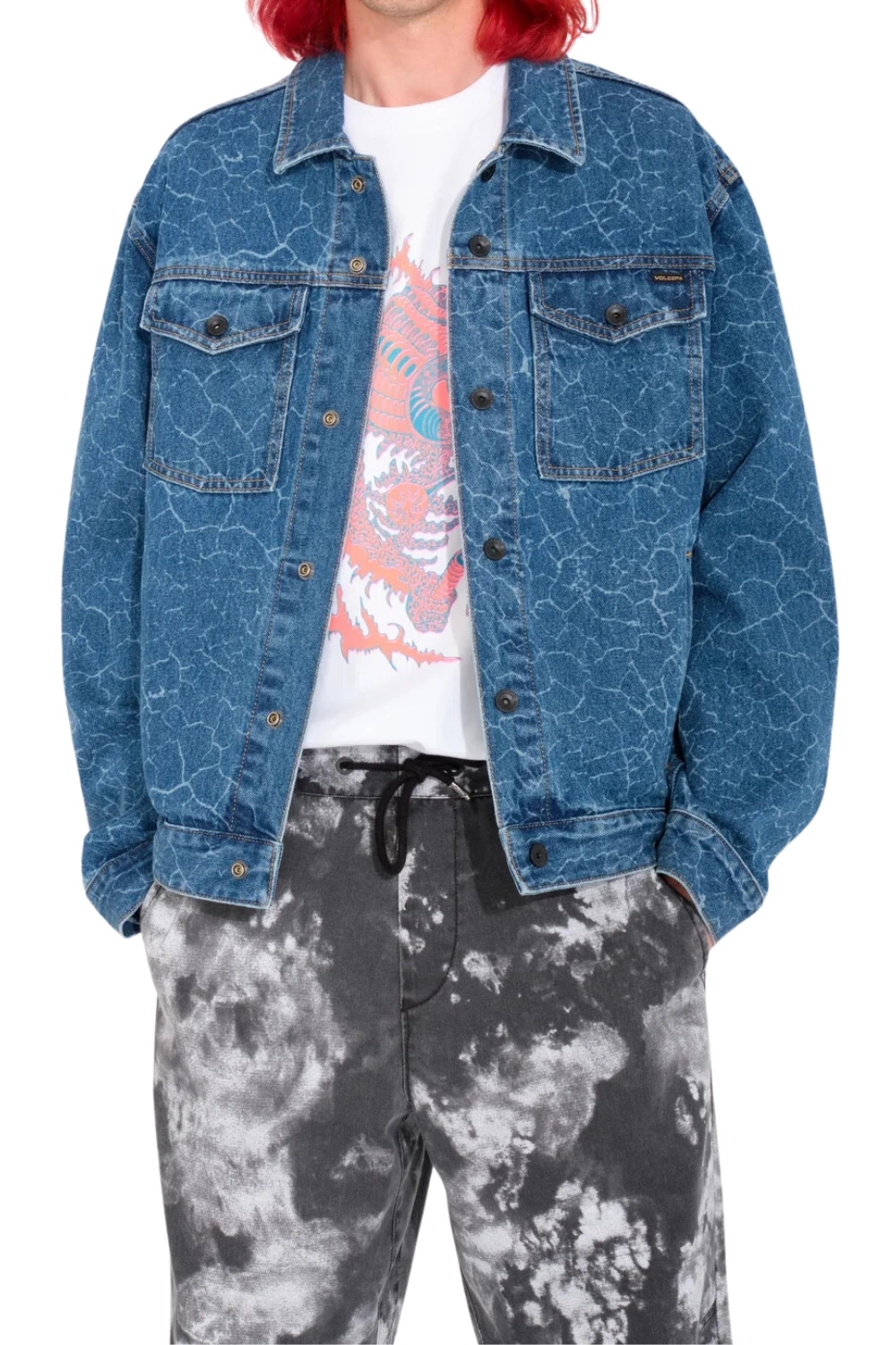 Pánská bunda katana Volcom přechodová džínová s límečkem print r M