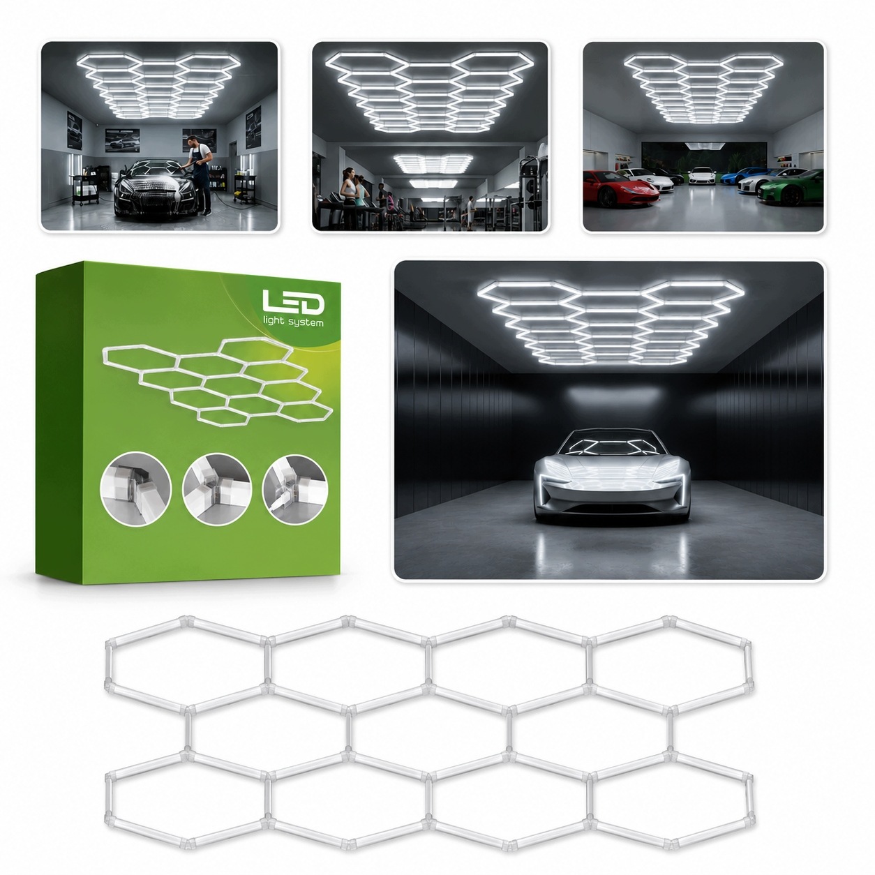 Led garážová lampa hexagon dílna kancelář medová plástev stropní 300 x 516 cm