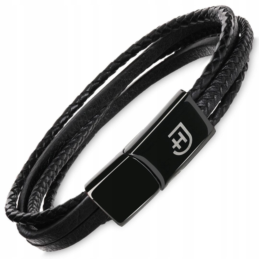 

Czarna skórzana bransoletka męska stal szlachetna