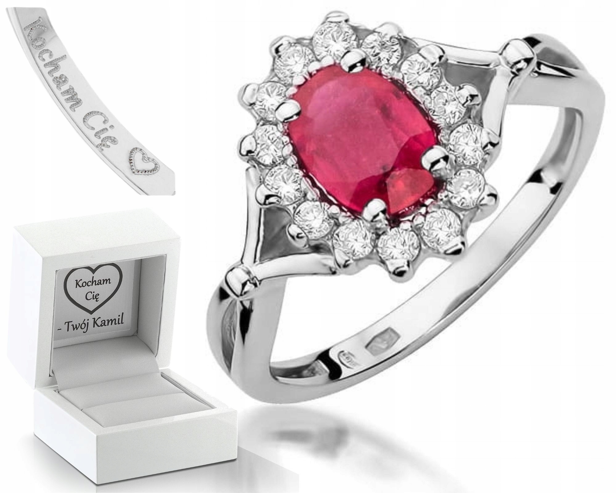 Zásnubní Prstýnek Rubín Brilianty Bílé Zlato Gravírování 585 Dárek