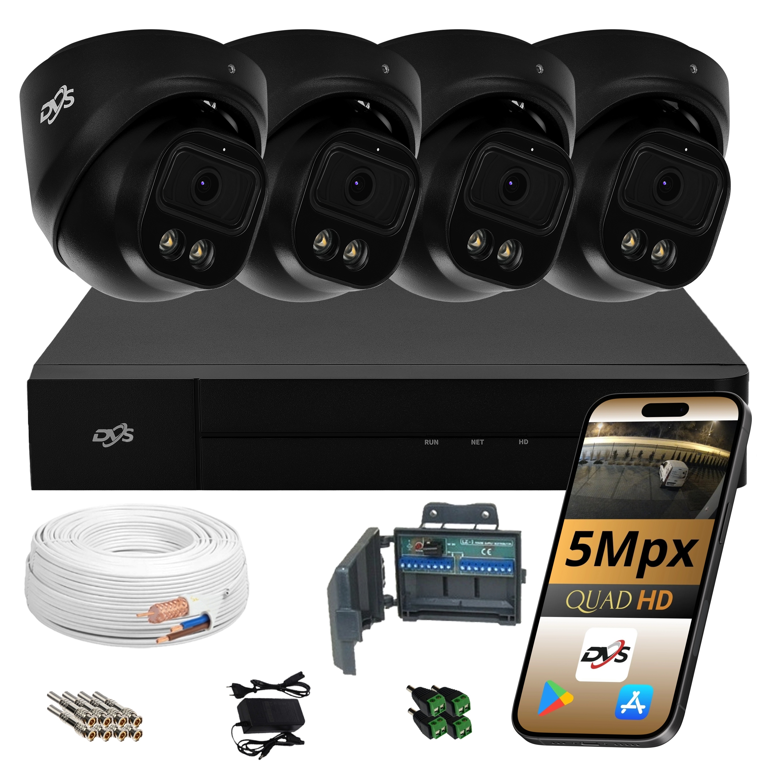 ZESTAW KAMER DO MONITORINGU ANALOGOWYCH 4 CZARNE KAMERY 5Mpx KOPULKA DVS