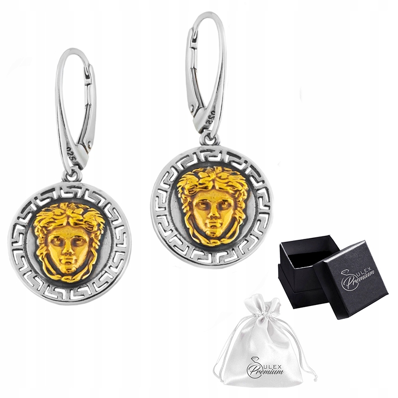 Stříbrné náušnice ryzost 925 Závěsné pozlacené s medúzou Řecká mytologie