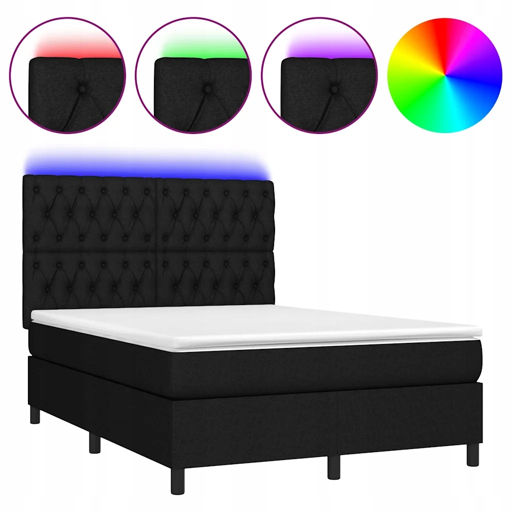 Kontinentální postel s matrací a Led diodami černá 203x144x118/128 cm