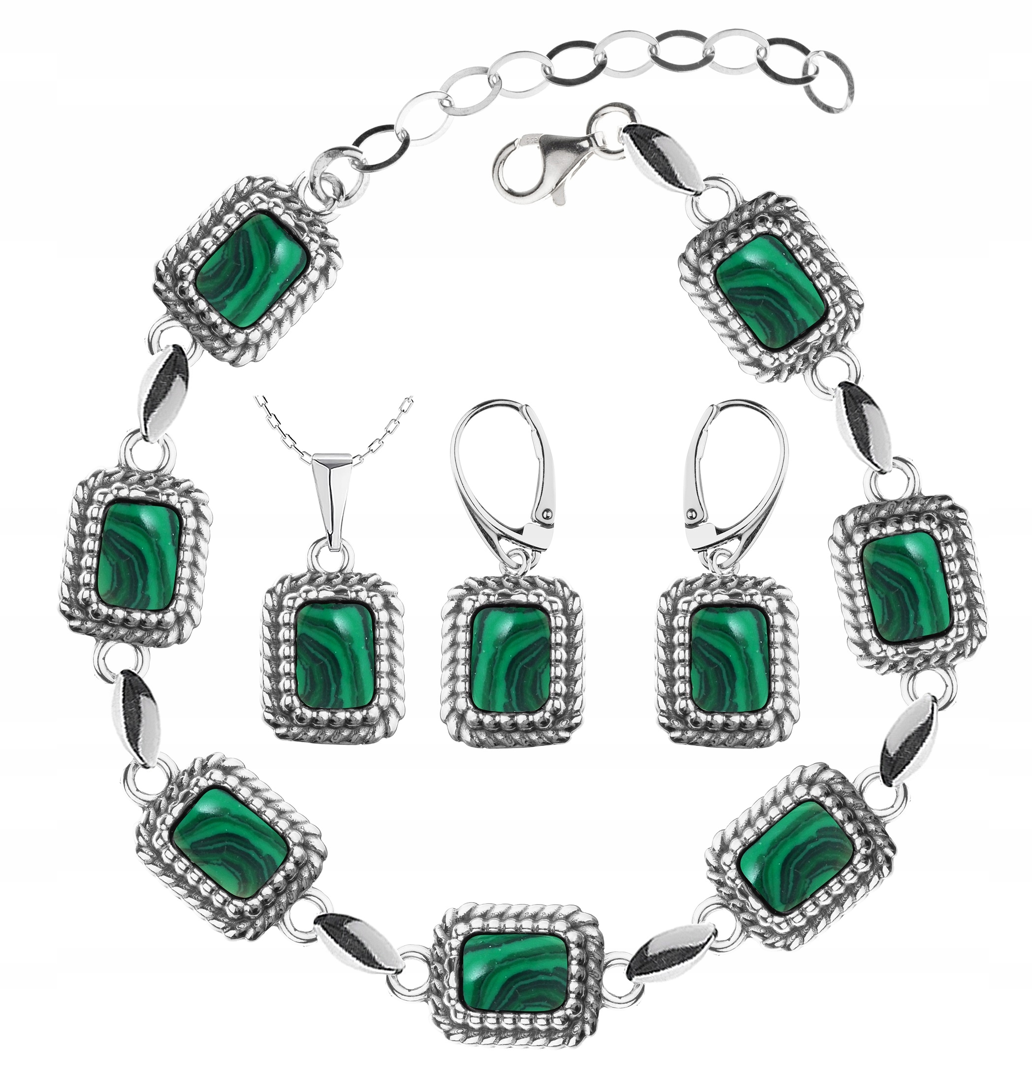 

Komplet Srebrnej Biżuterii Z Malachitami pr.925