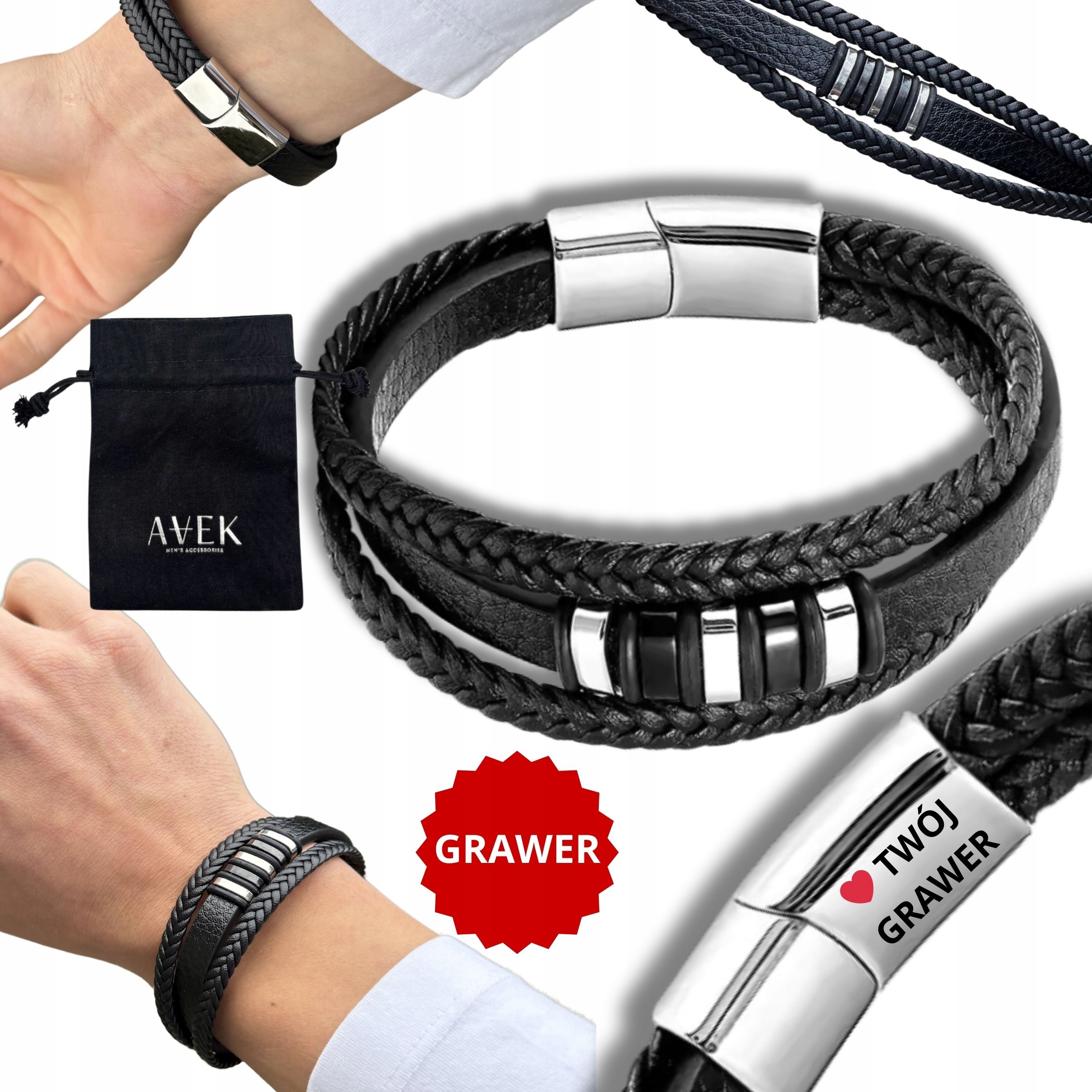Pánský Kožený Náramek S Gravírováním Gravírování Černý Stříbrný Z Kůže 23 CM