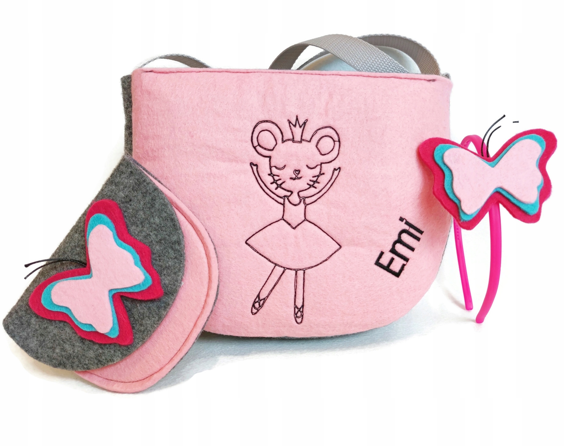Kabelka s myškou baletkou růžové jméno, přes rameno řemínek motýlek, peněženka