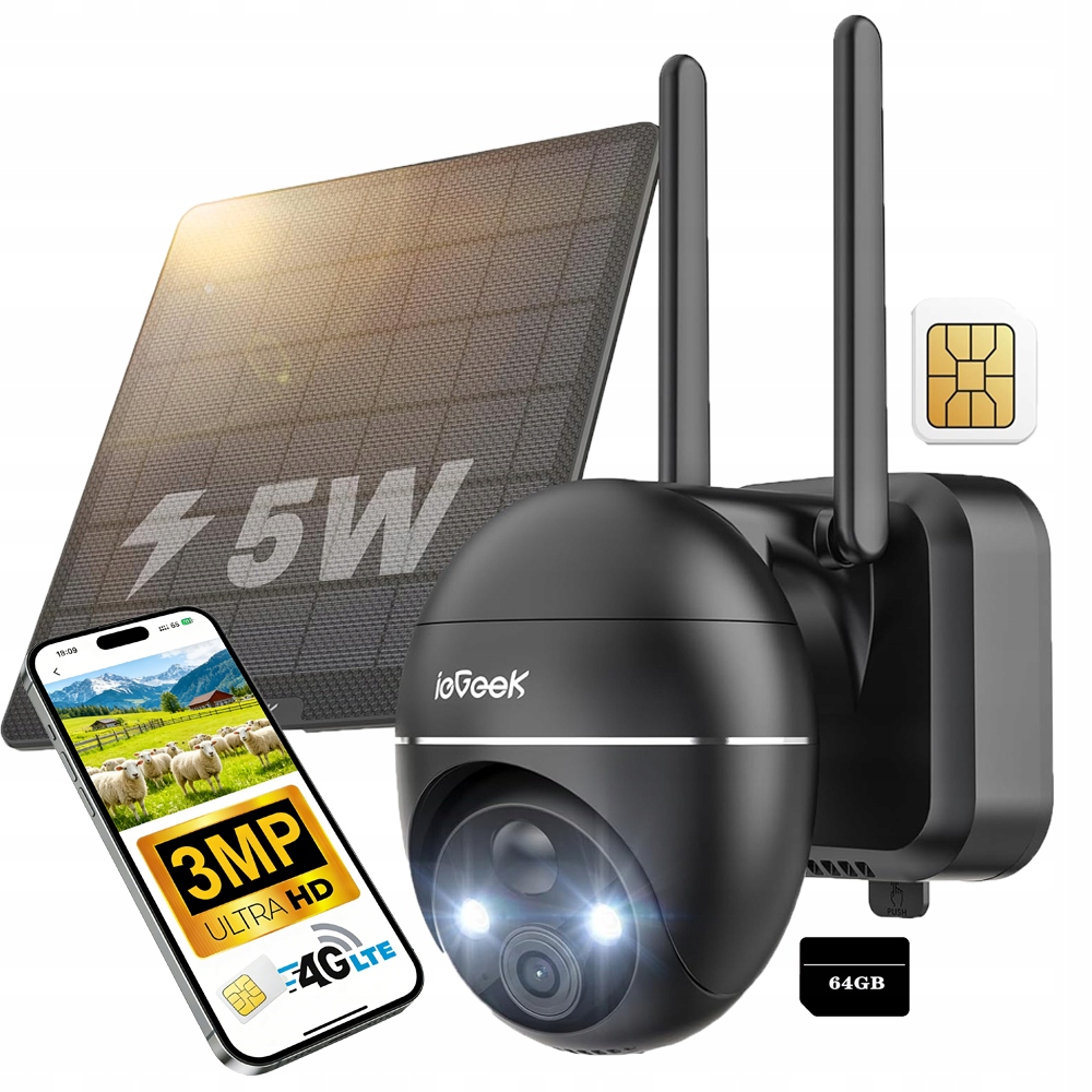 Kamera Obrotowa Zewnętrzna Solarna Na Kartę Sim 4G 3MPx z kart 64 Gb