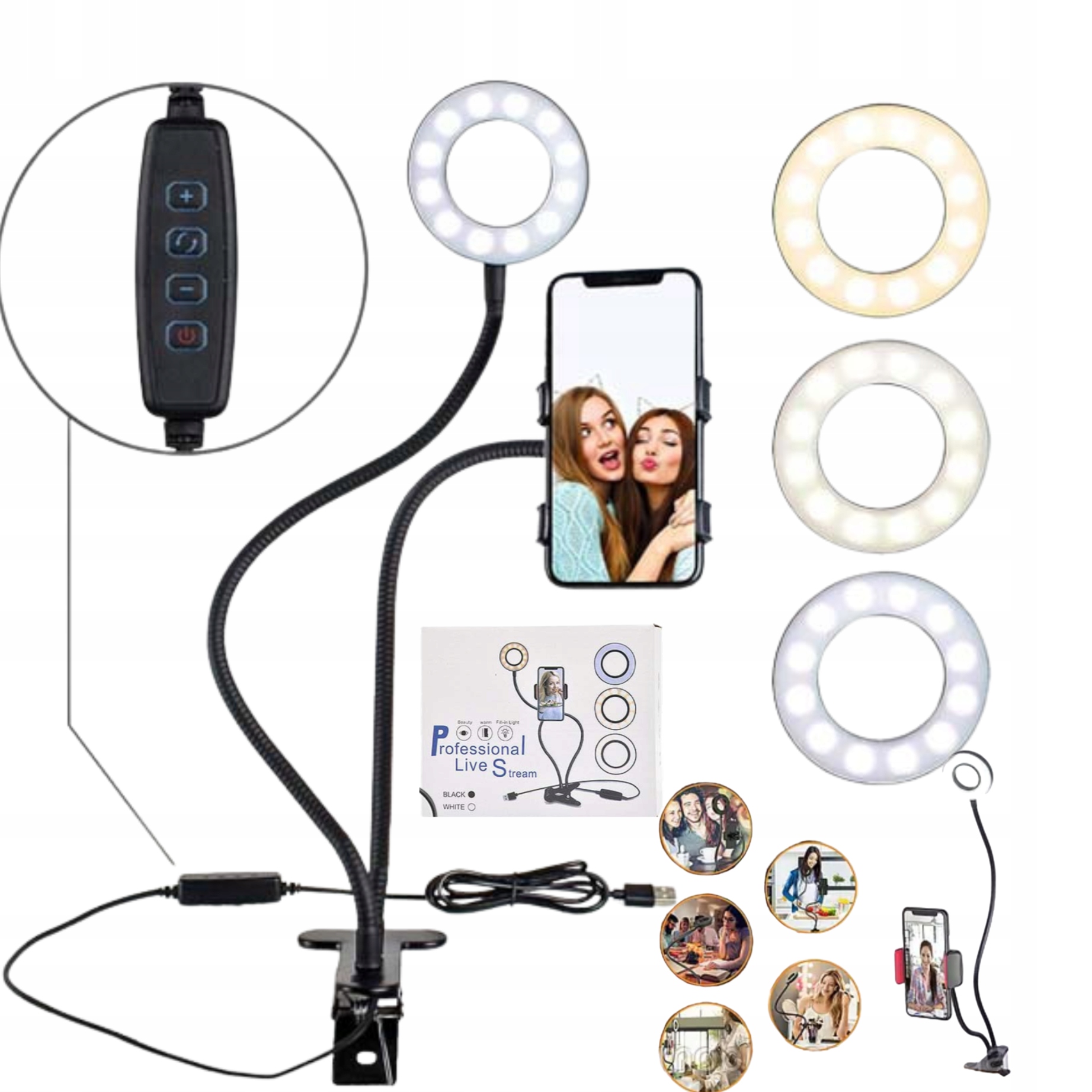 Lampa Pierścieniowa RING LED Z UCHWYTEM NA TELEFON SELFIE WIDEOROZMOWY 12w