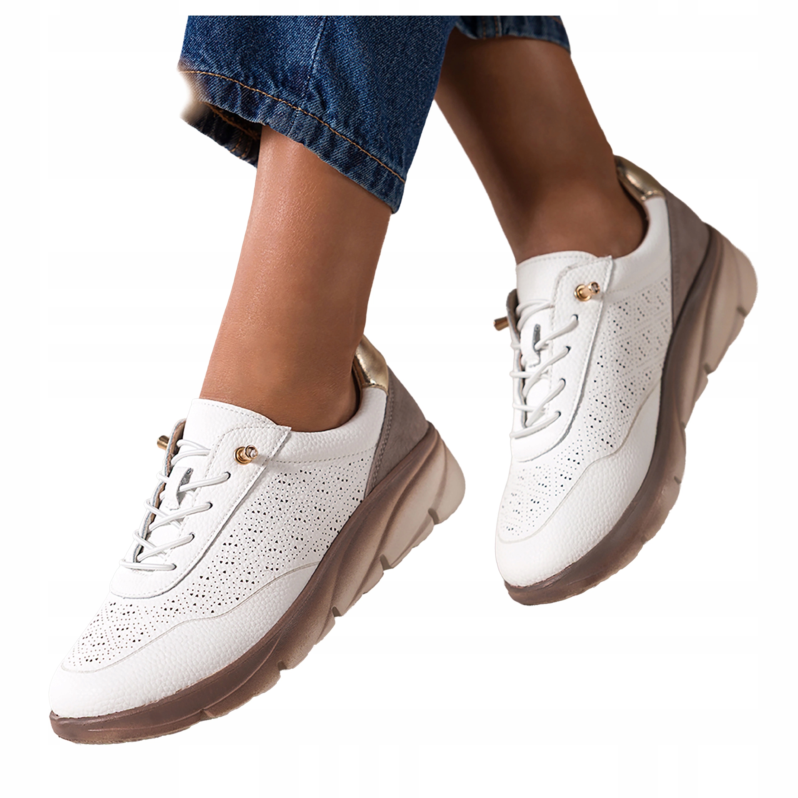 Bílé dámské kožené tenisky s ažurovým šněrováním na platformě, velikost 39