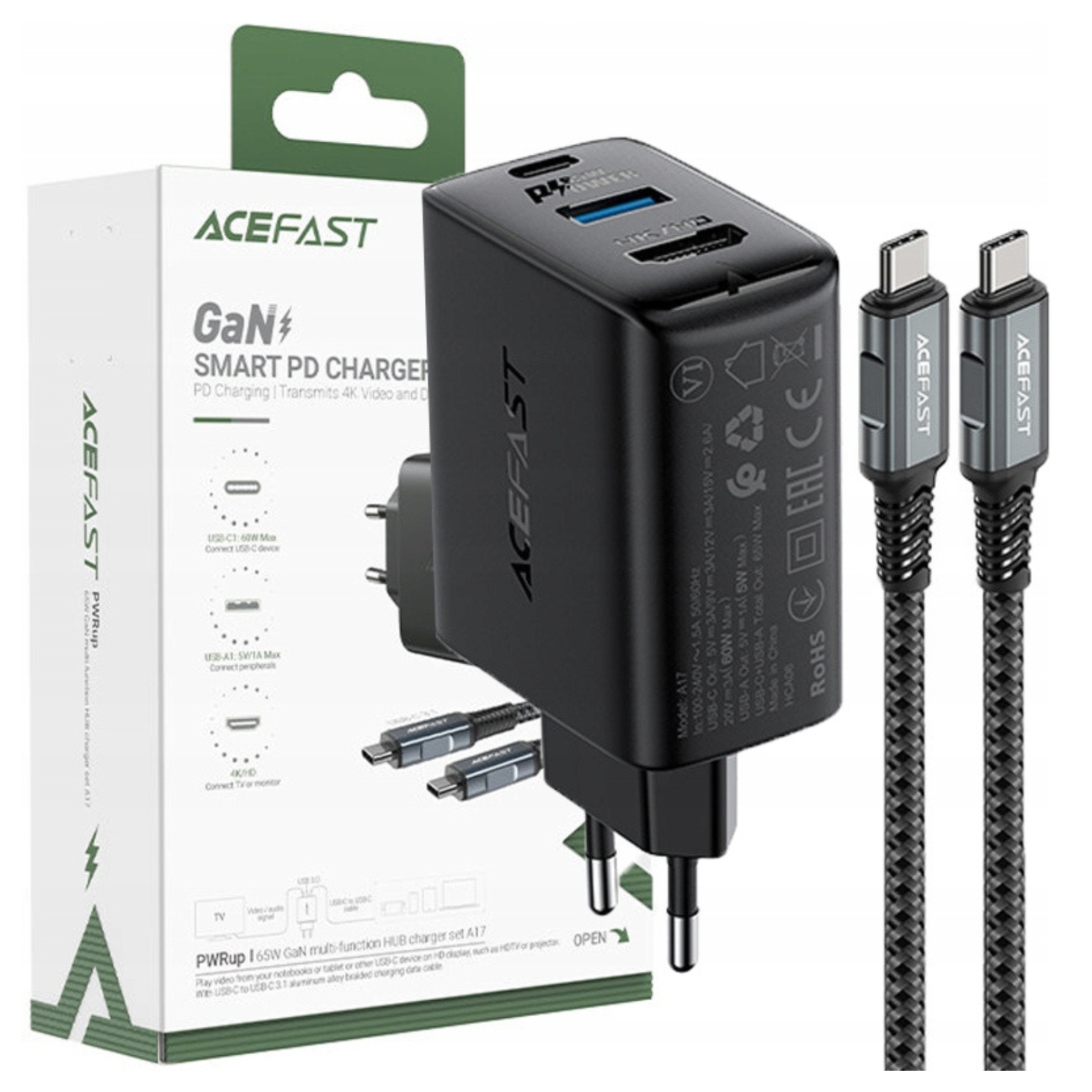 Nabíječka GaN Acefast A17 65W Usb-c Usb-a, adaptér Hdmi 4K 60Hz (sada s