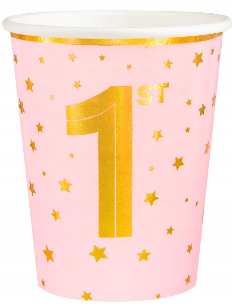 ZESTAW KUBKI TALERZYKI RÓŻOWE W ZŁOTE GWIAZDKI ROCZEK DZIEWCZYNKA 12szt Marka Piniatowe Love