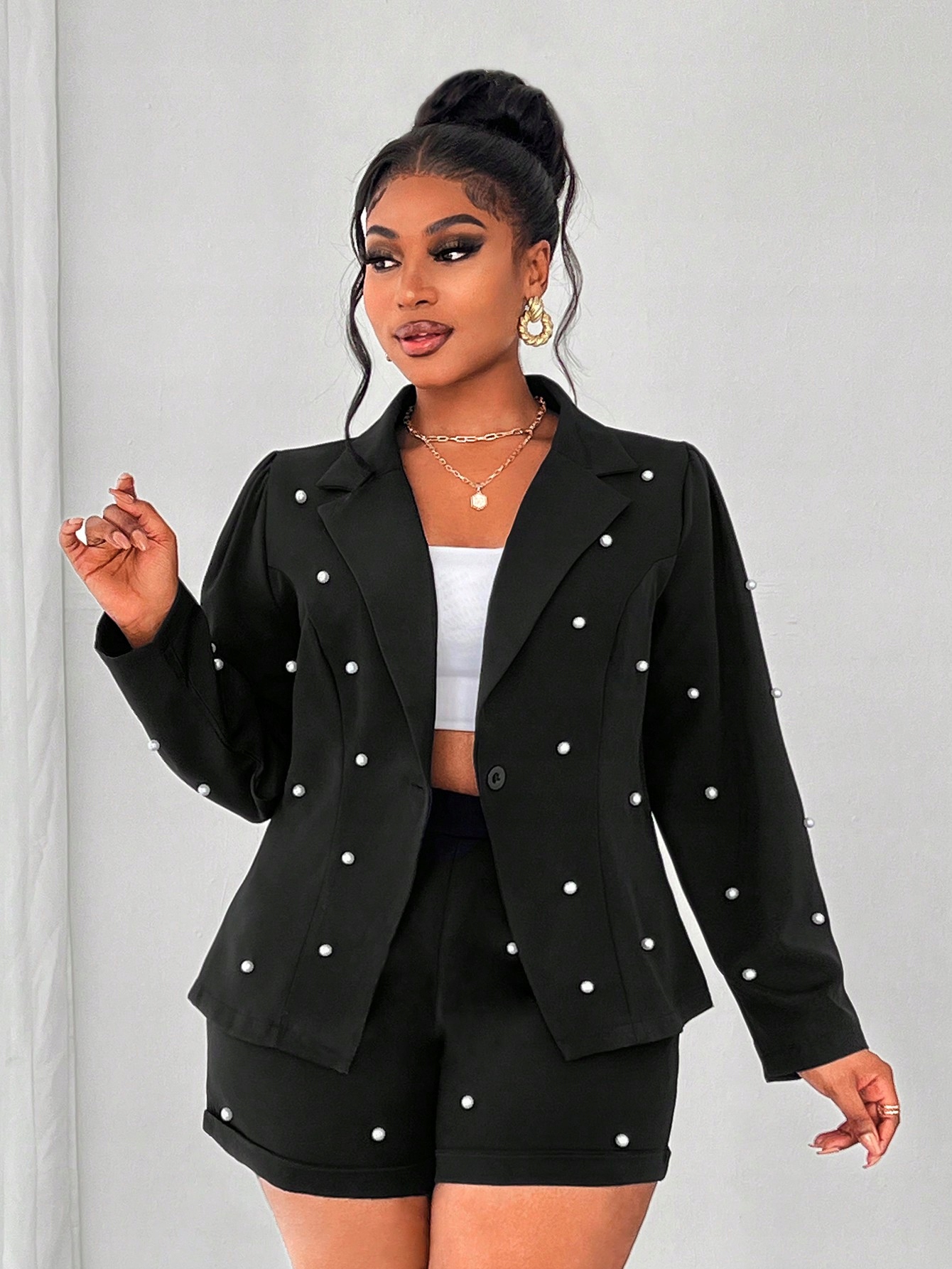 Dámský Elegantní Oblek Zdobený Perlami, Stylový, Černý Shein, Velikost 48