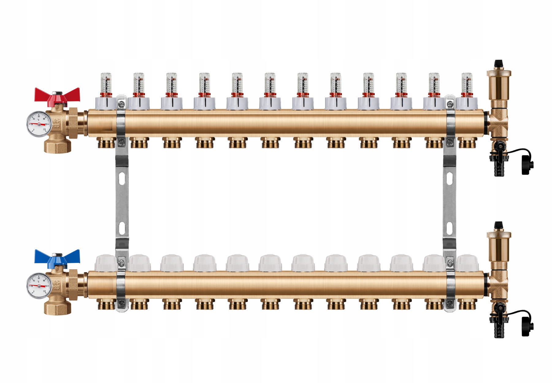 Rozdělovač Podlahy 12 Okruhů Úhlový Kulový Ventil Teploměr Pex