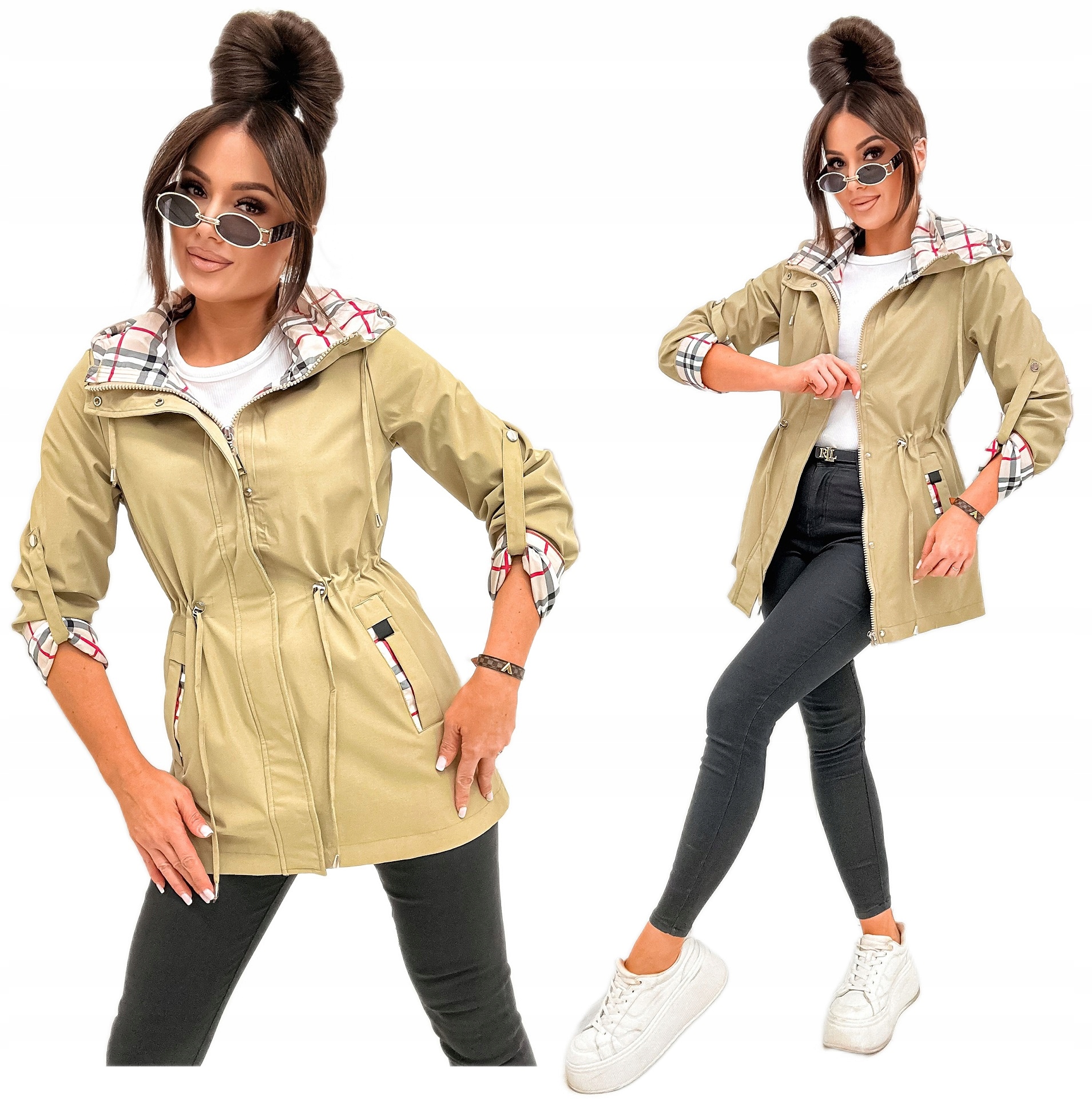 Kurtka Wiosenna Damska Przejsciowa Parka Z Kapturem Beżowa 411 Rozmiar M