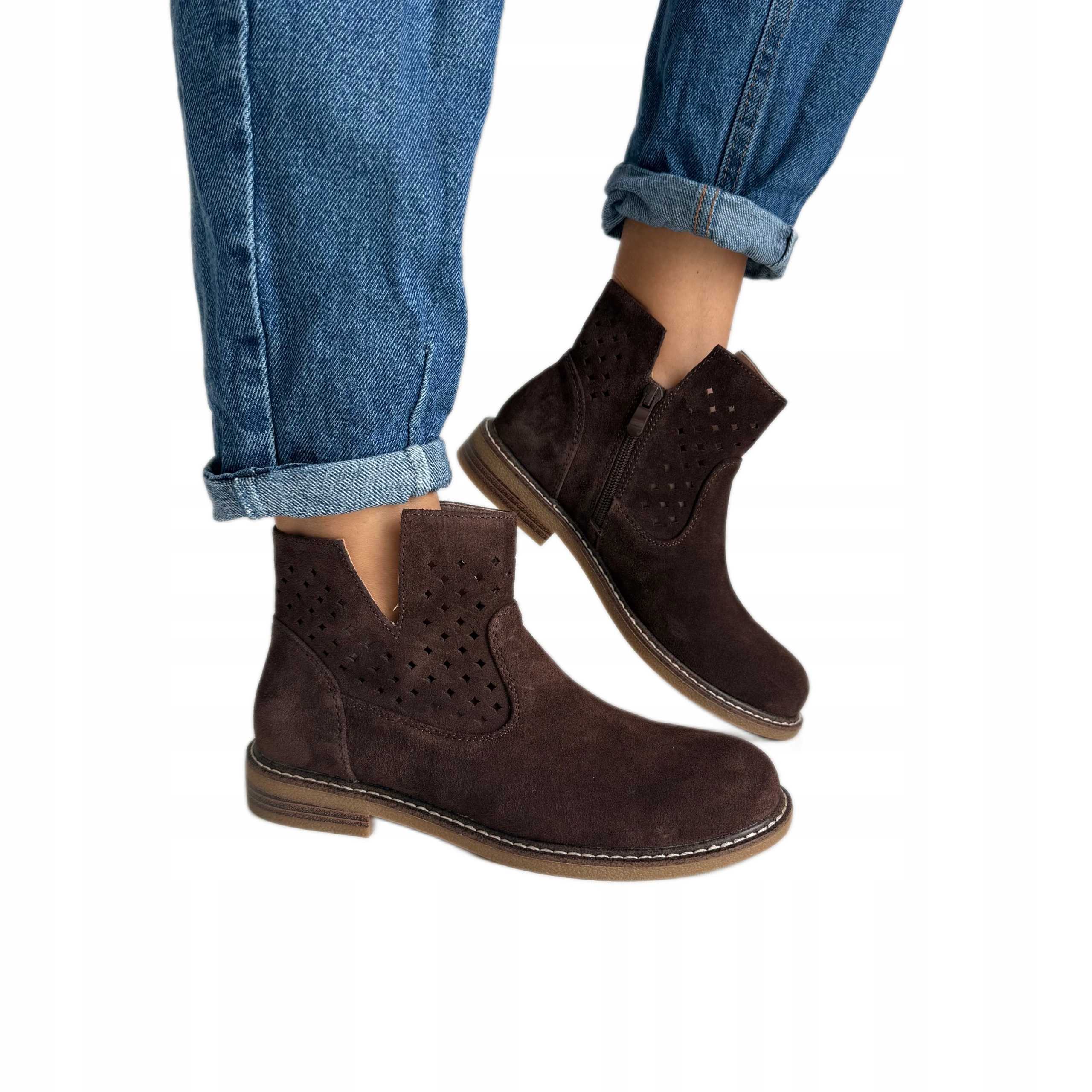 Kotníkové Boty s perforovanými dámskými botami z přírodní kůže, velikost 41