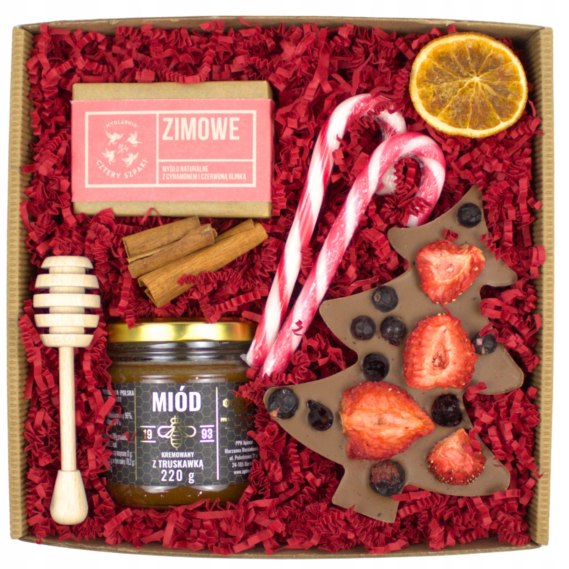 Levně Dárková krabička, dárek k Vánocům – Čokoláda, polský med, zimní mýdlo