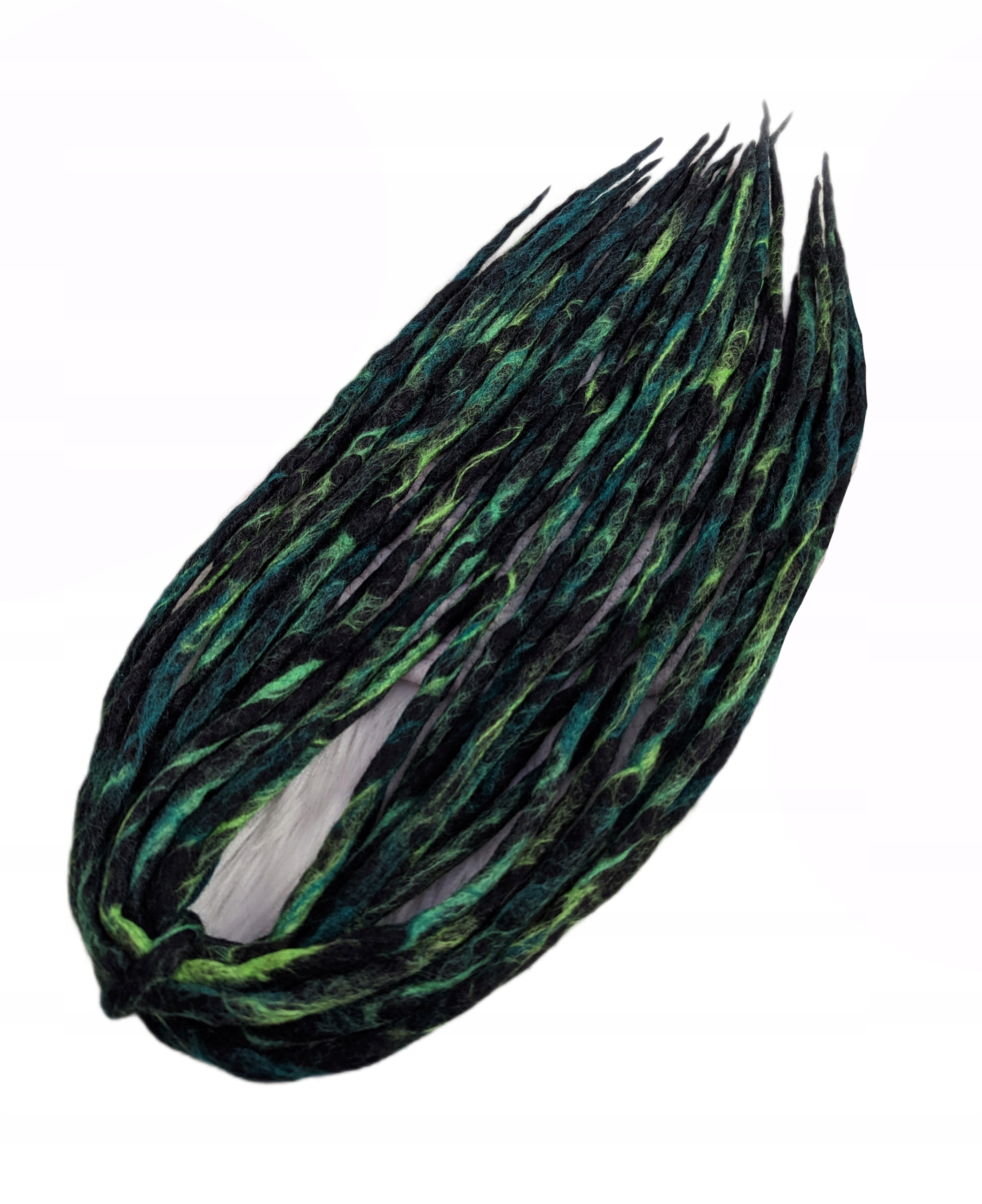 Dredloky Dredy vlněné Handmade, černé zelené, Smaragdová Hadice, 40 kusů