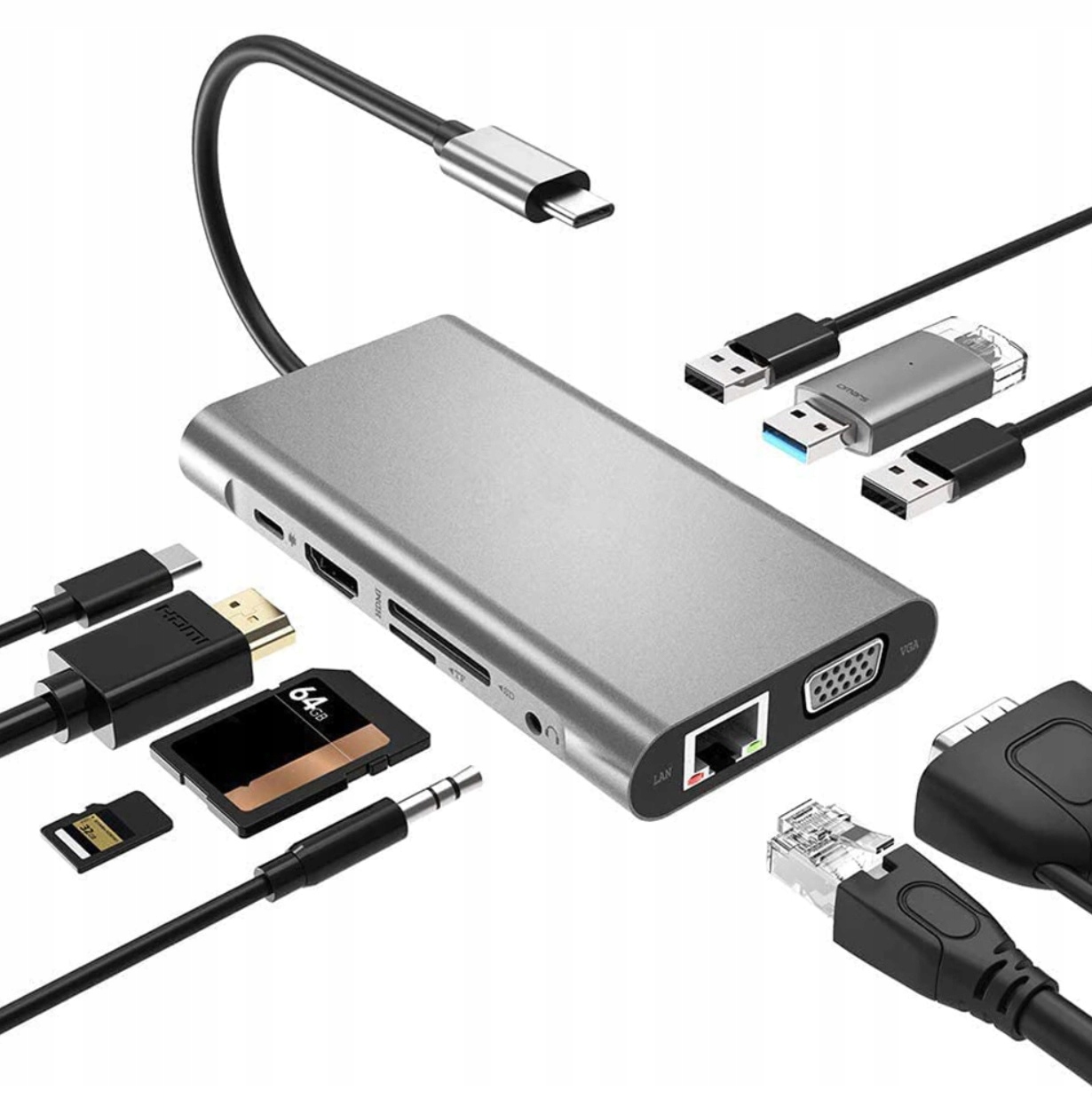 

Hub Usb-c Lan RJ45 Hdmi 4k Usb 3.0 Pd Micro Sd Vga