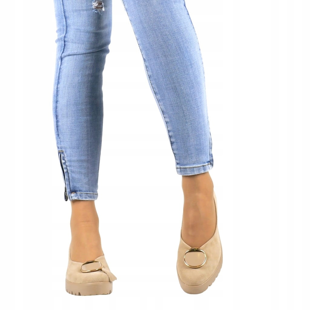 ELEGANCKIE PÓŁBUTY DAMSKIE BUTY NA KOTURNIE SKÓRA BEŻOWE ZAMSZOWE MODNE