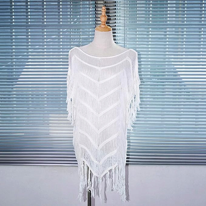 PAREO NA PLAŻĘ SUKIENKA ZWIEWNA LUŹNA NARZUTKA BOHO BIAŁA NA LATO FRĘDZLE Model S-86