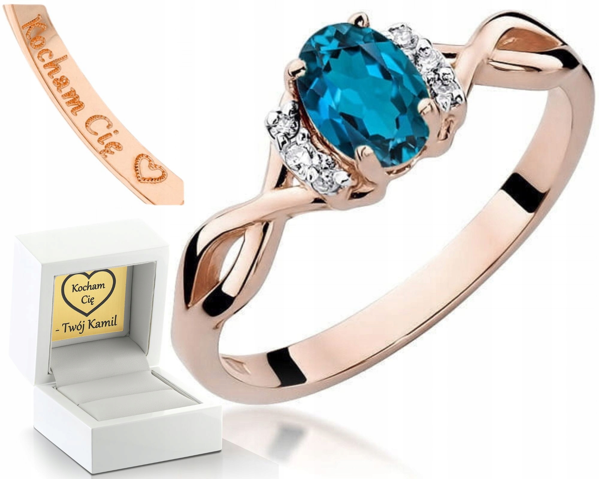 Růžové Zlato Prstýnek Topaz London Blue Diamanty 585 Gravírování Dárek