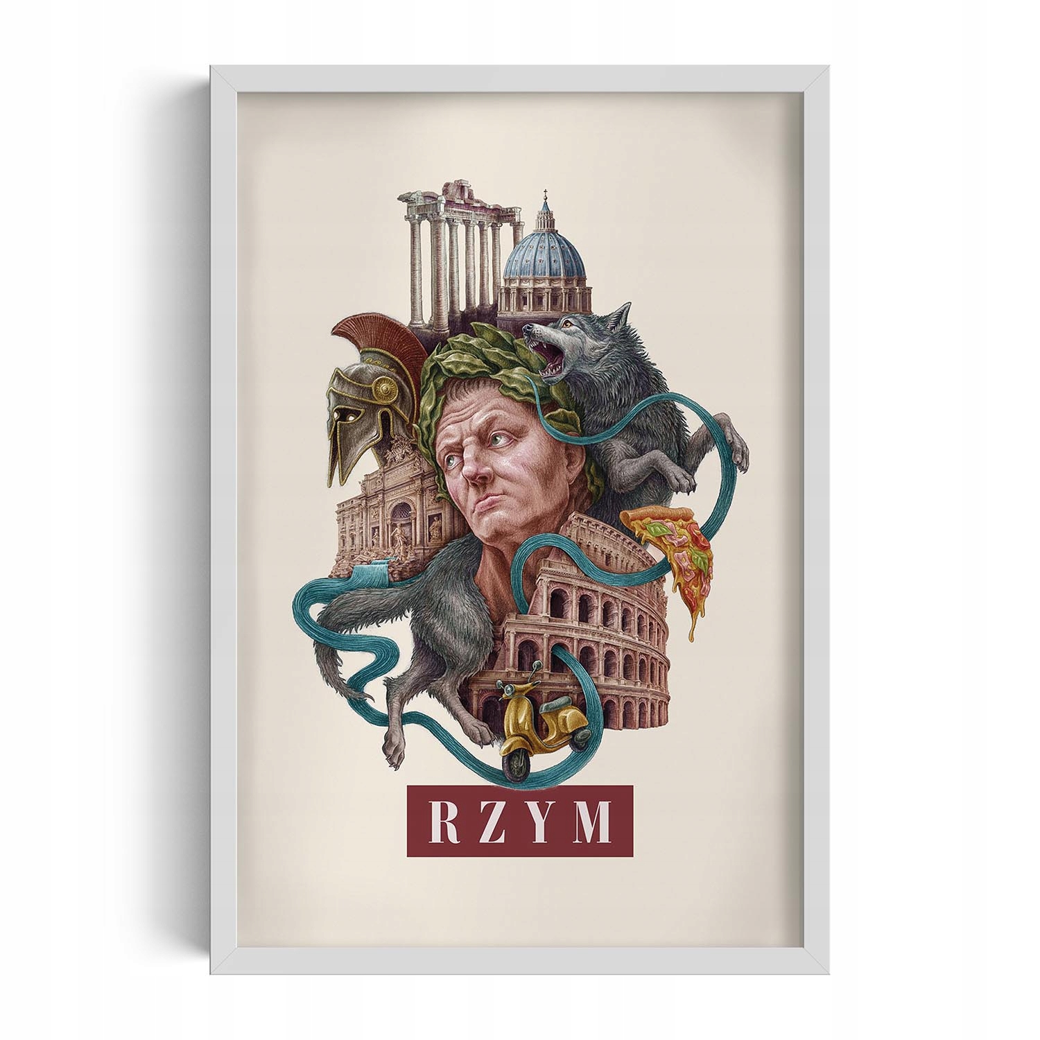 Obraz grafika v rámečku Vintage retro styl Řím Koloseum Vlčice Pizza 40x60