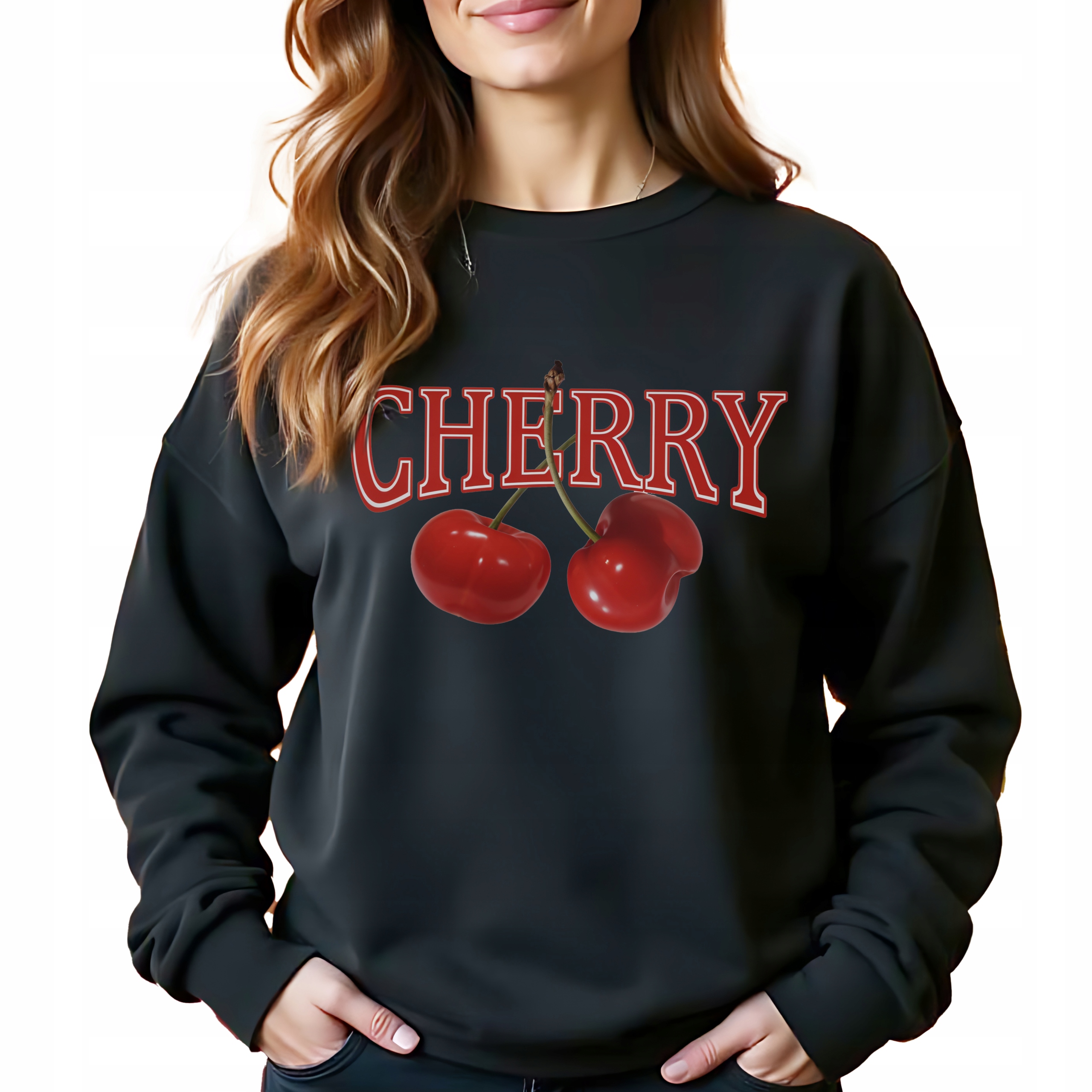 Černá bavlněná Mikina Cherry Stylová Bez Kapuce Jako Dárek Velikost M