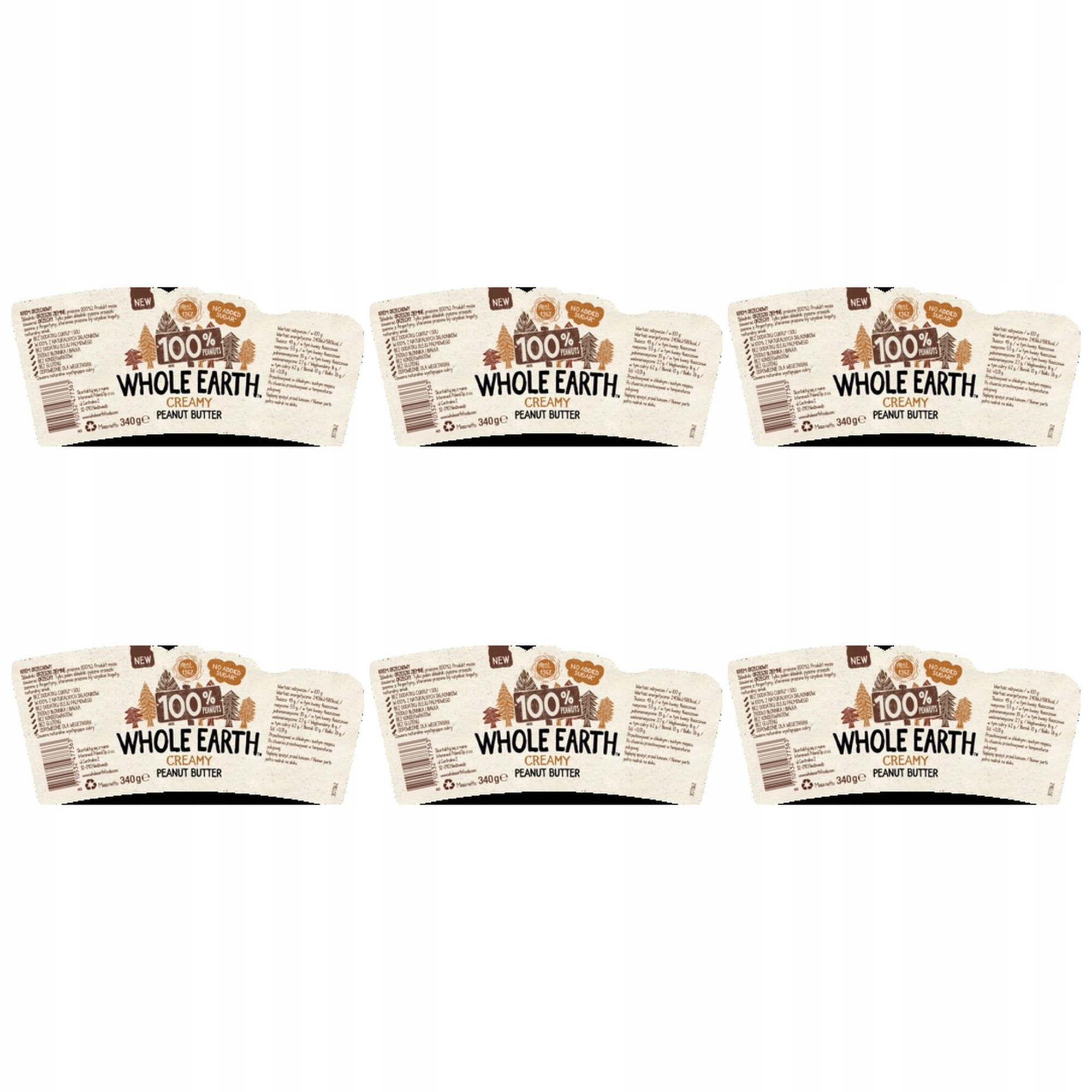 6x 340g Whole Earth Krem Orzechowy Creamy 100% Peanuts Int.