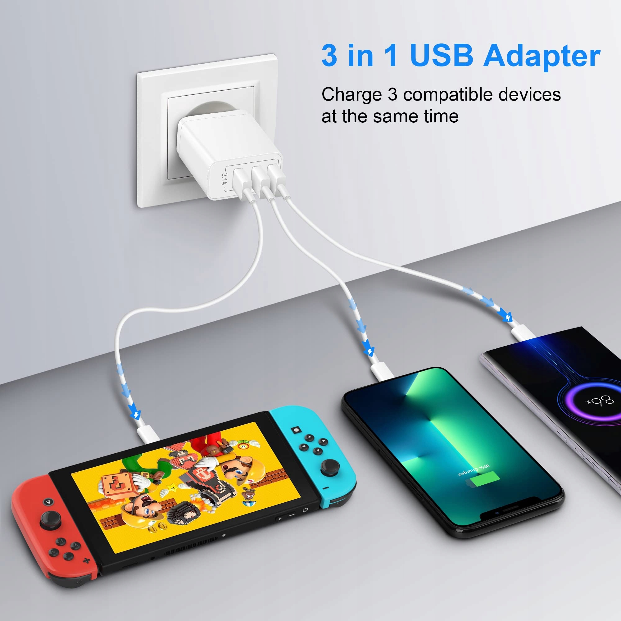 USB ARCCRA Ładowarka USB 3-Port 15.5W Dla iPhone Samsung Xiaomi — miniatura 2