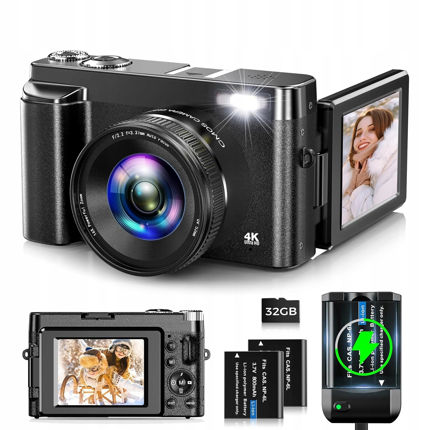 Fotografická Kamera 48 Mp 16X Zoom 3" Otočný Displej 180° 2 Baterie 32 Gb