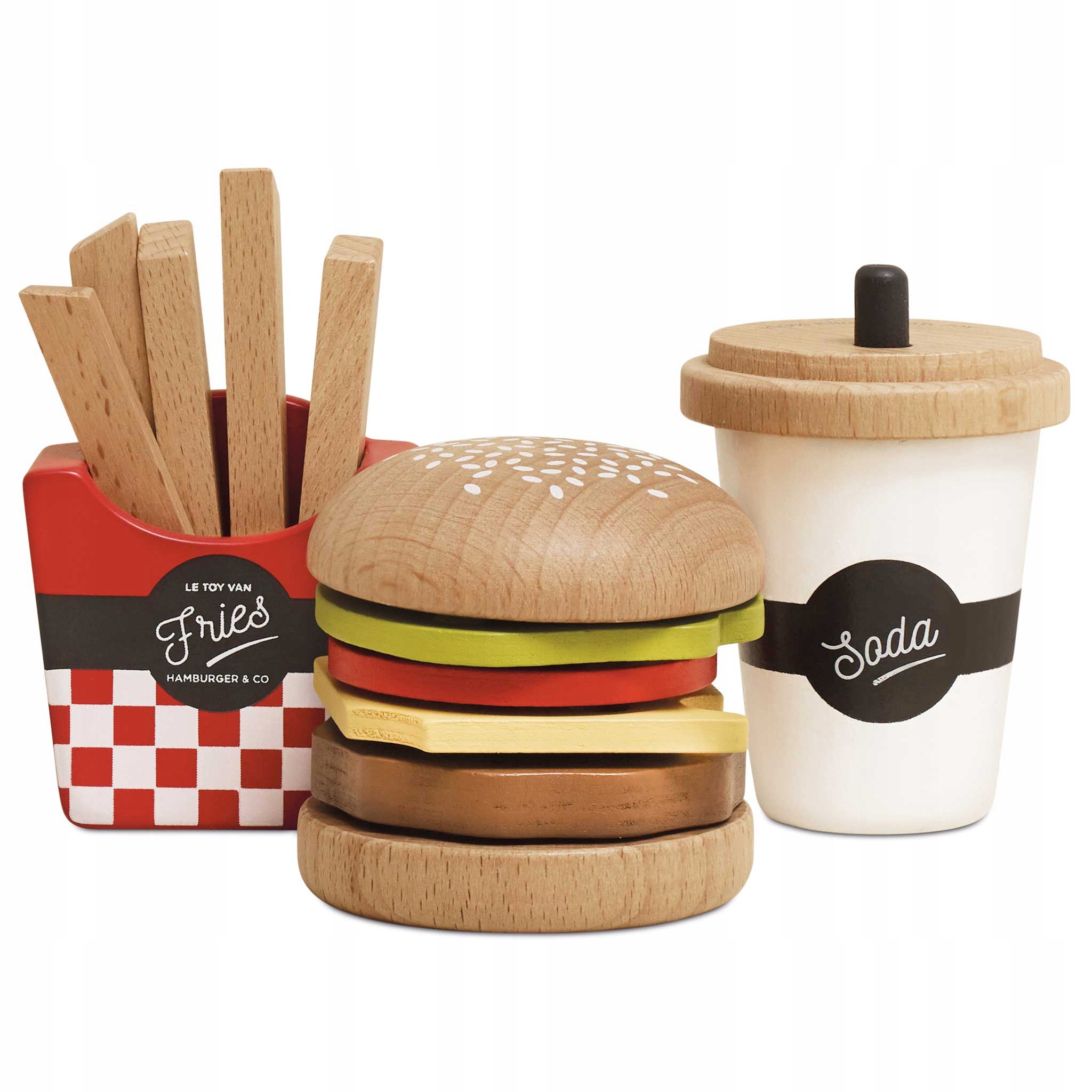 Drewniany zestaw 3w1 hamburger frytki napój, zabawka dla dzieci, Le Toy Van