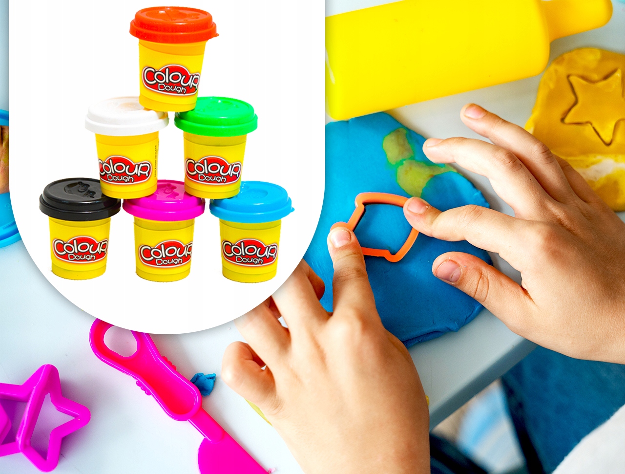 MASA PLASTYCZNA DLA DZIECI DO ZABAWY 6 KUBECZKÓW KOLORÓW Z CIASTOMASĄ 300G Wiek dziecka 3 lata +