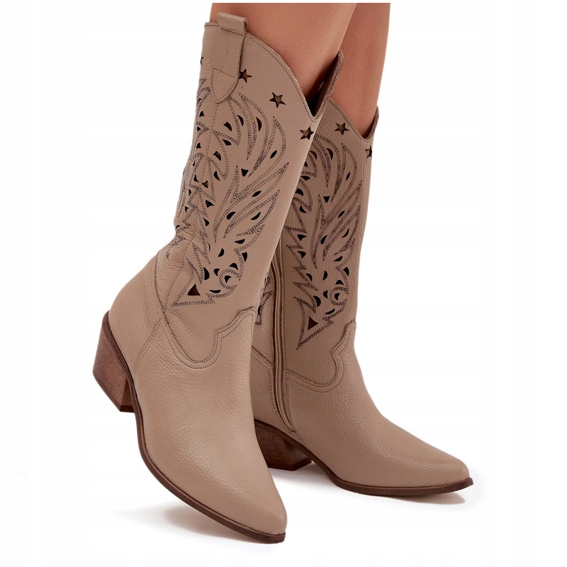 Ažurové Kozačky Přírodní Kůže Podpatek Na Zip Zazoo 3714 Tmavě Béžová 41