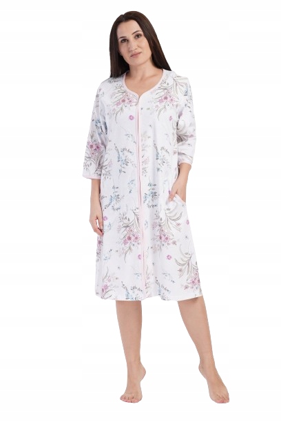 Elegantní Bavlněný Župan Na Zip Župan Jemná Louka Květiny 4XL