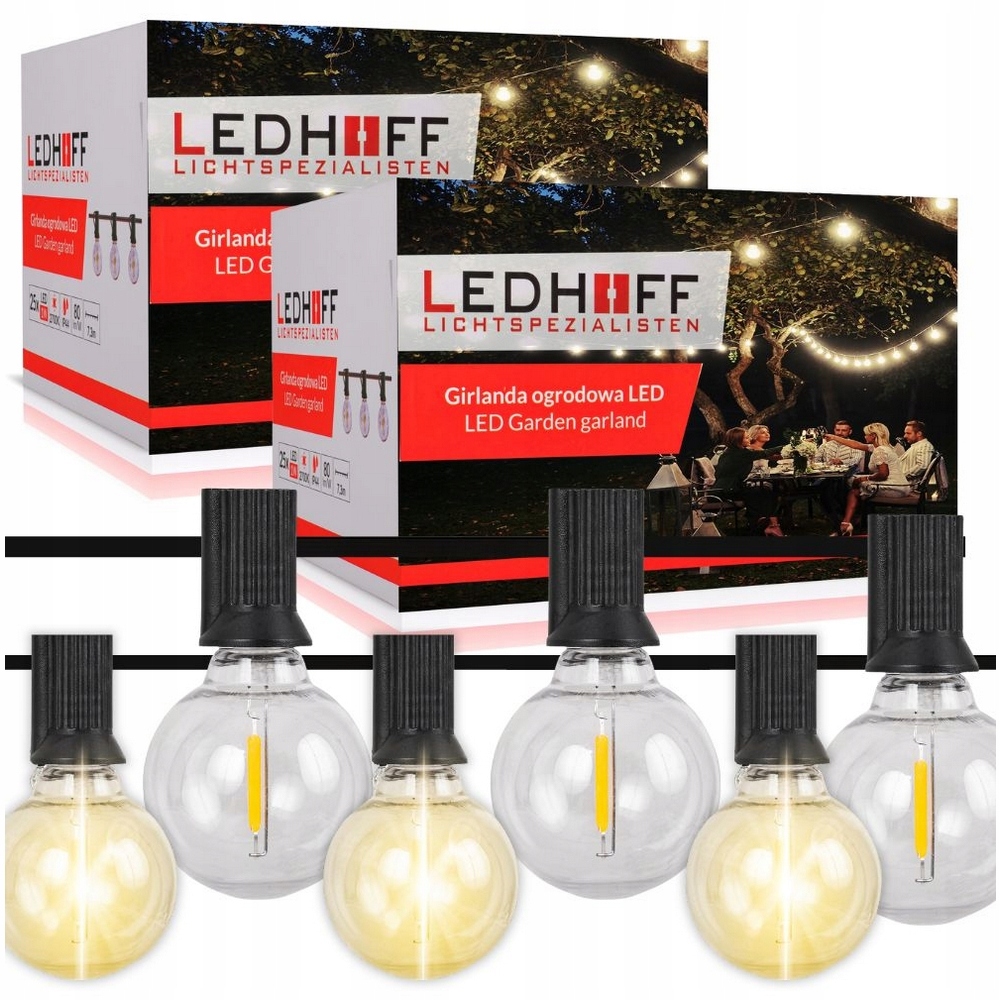 2x Zahradní světelná girlanda Lampičky 7,3 m 25 x Led žárovka 1 W Kulka na terasu