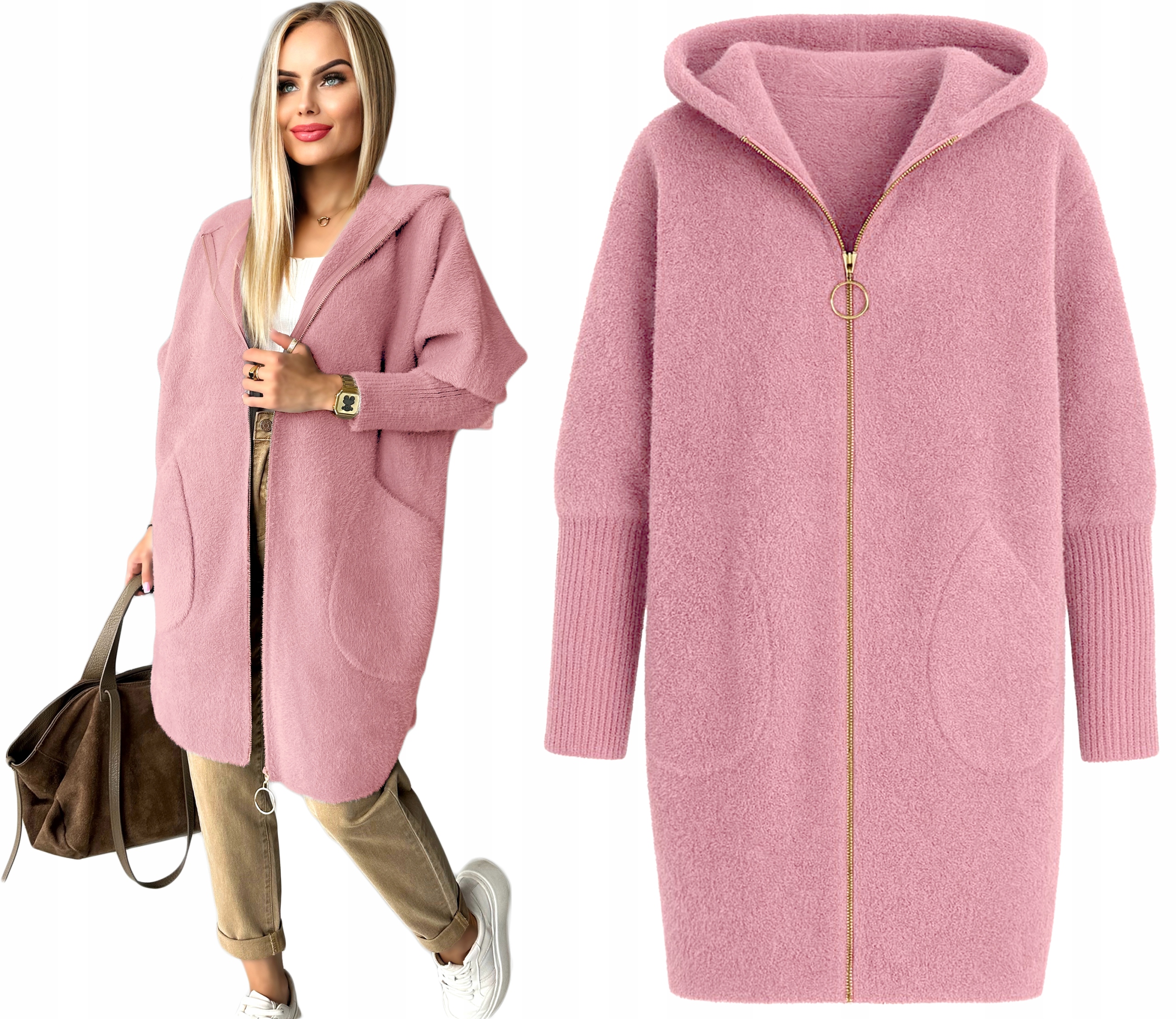 Silný teplý Alpaka Kabát dámský rozepínací přehoz kapuce s vlnou Sonia
