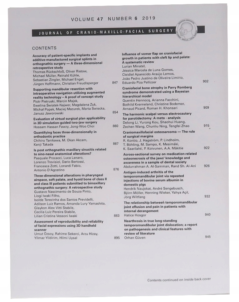 JOURNAL OF CRANIO MAXILLO FACIAL SURGERY NR 6/2019 VOLUME 47 Wydawnictwo Elsevier