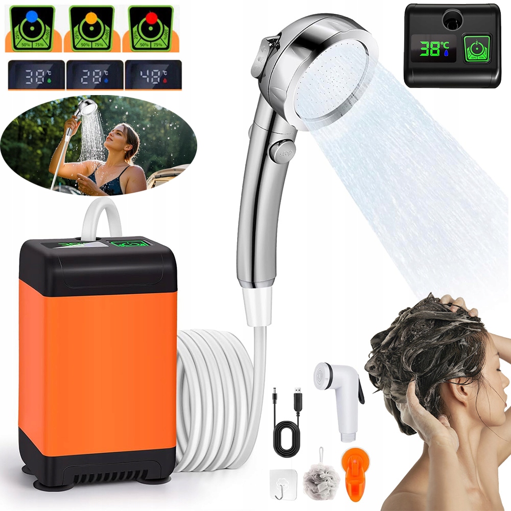 Turistická Sprcha Přenosný Kempingový Akumulátor Výkonný 6000 Mah 12 V 2 M