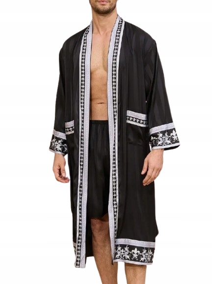 Luxusní Černý Župan, Stříbrný Vzor, Hladký Satén, Elegantní Župan