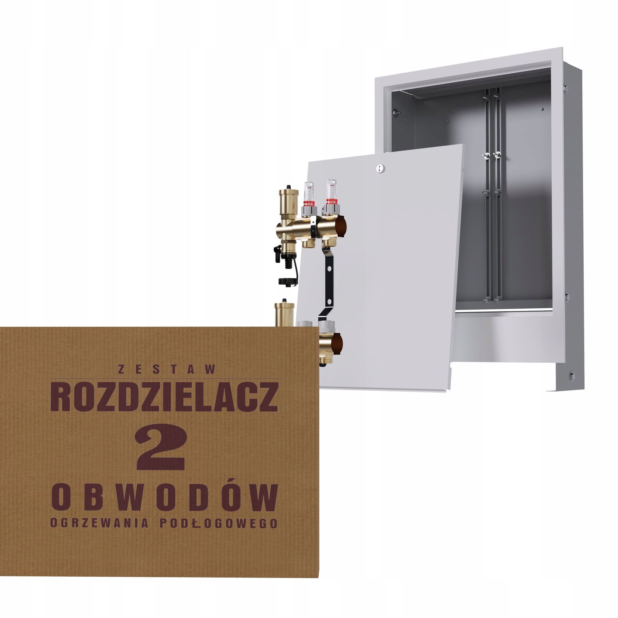 Rozdělovač pro 2-okruhovou mosaznou podlahu a podomítkovou skříňku, bílý