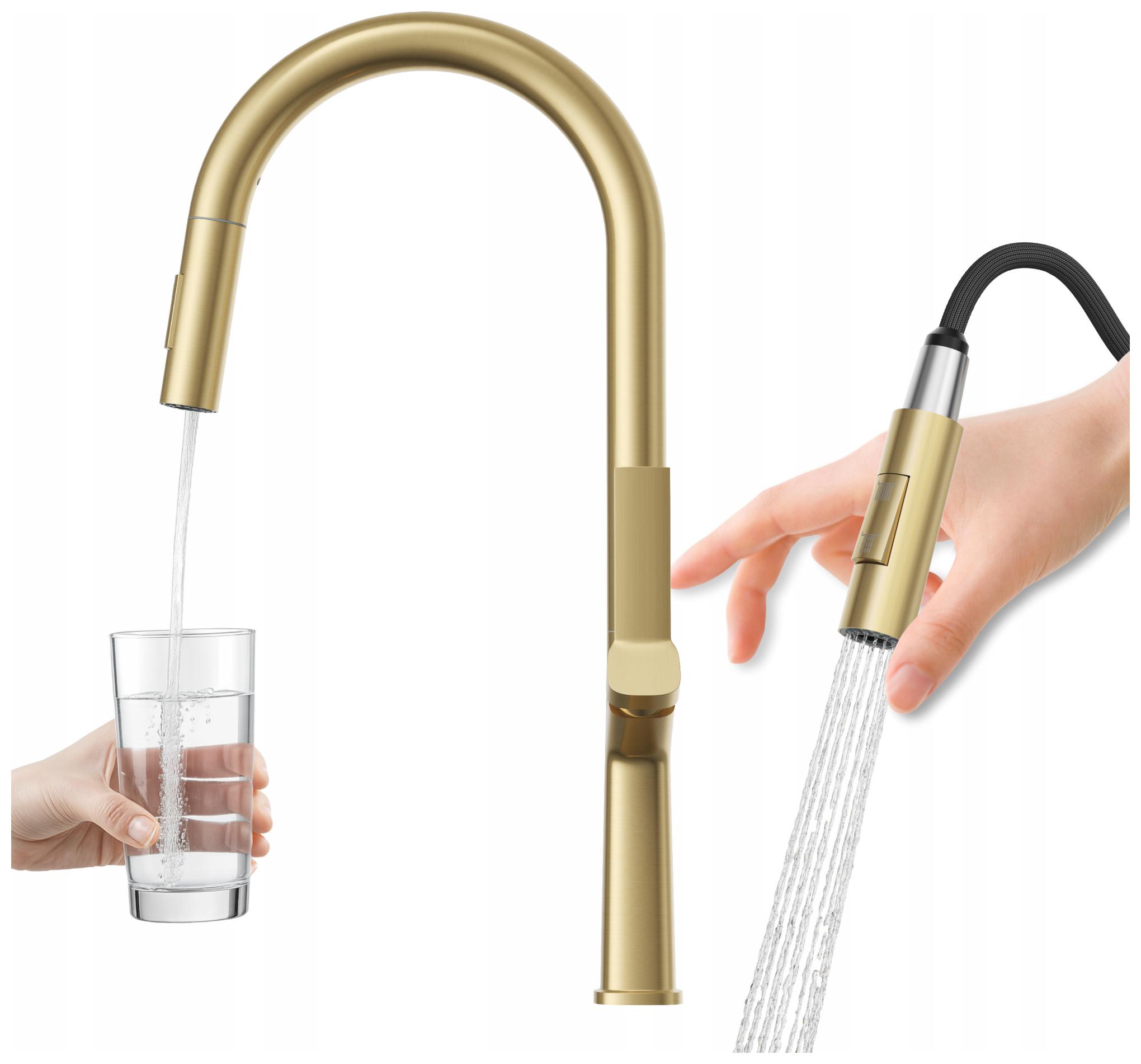 Bateria kuchenna do zlewu wysoka wyciągana wylewka stojąca kran Ellis Złota