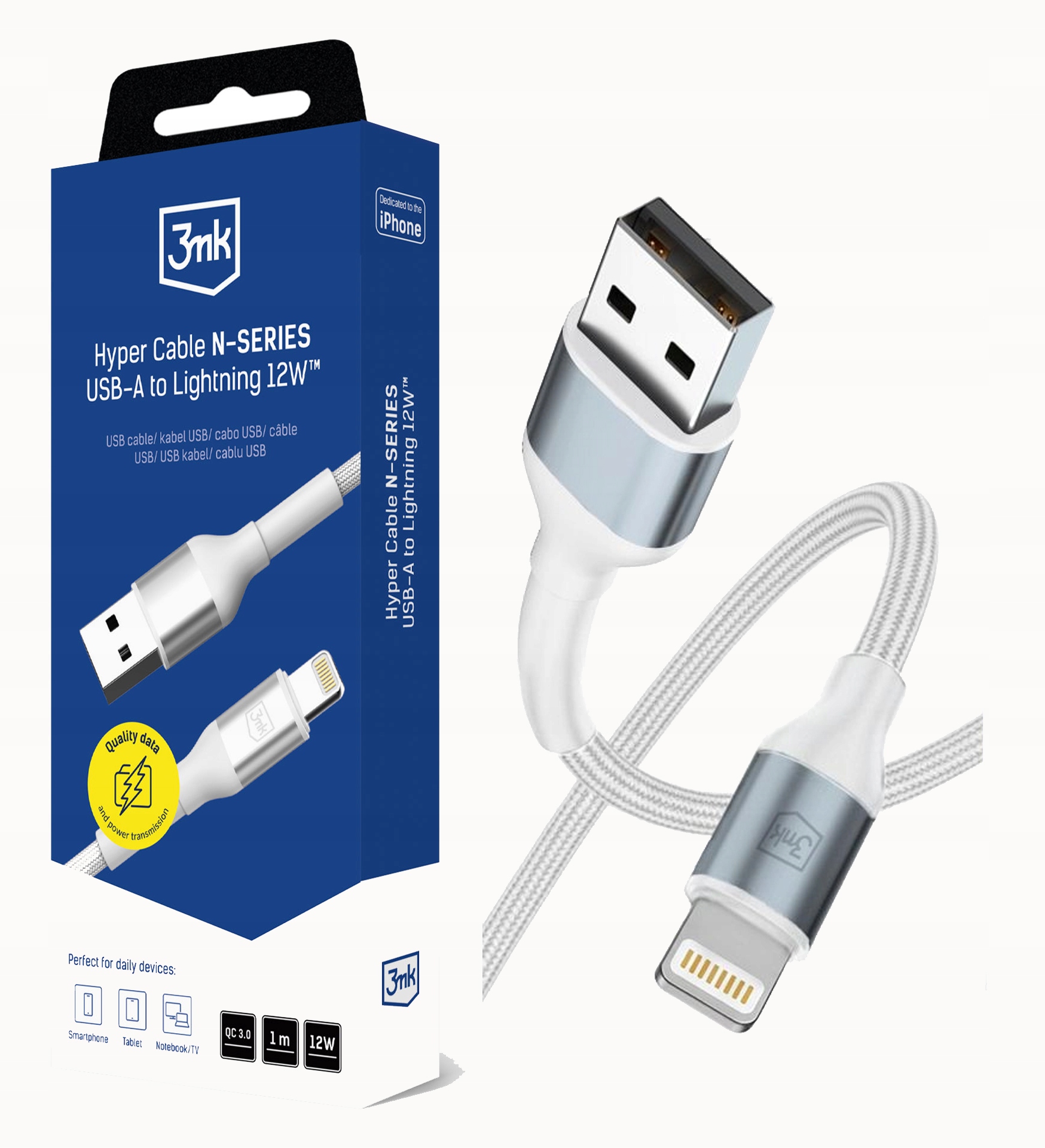 Kabel 3MK Hyper Cable N-series Usb-a do Lightning 1m 12W 5V/2.4A Biały